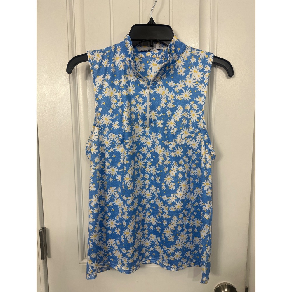 Cherry Swing Womens Blue Daisy Floral Quarter Zip Sleeveless Golf Top Size M